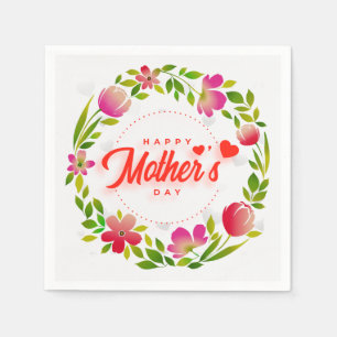 Guardanapo De Papel Feliz Dia das Mães Aquarela Flores Rosa e Corações