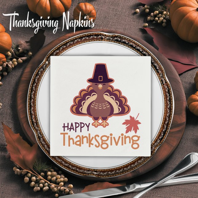 Guardanapo De Papel Feliz Dia de Ação de Graças - Bonita Peregrinação  (Happy Thanksgiving Cute Pilgrim Turkey Napkins)
