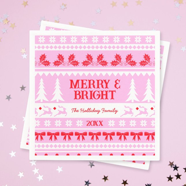 Guardanapo De Papel Feliz e Suor de Natal Brilhante, Rosa e Vermelho (Merry & Bright Christmas Sweater Pink and Red Napkins)