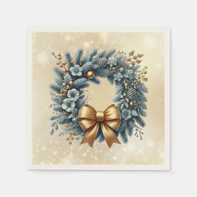 Guardanapo De Papel Feliz Feliz ano novo de Natal Blue Dourado Wreath (Frente)