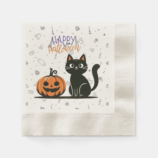 Guardanapo De Papel Feliz gato de Dia das Bruxas e abóbora (Frente)
