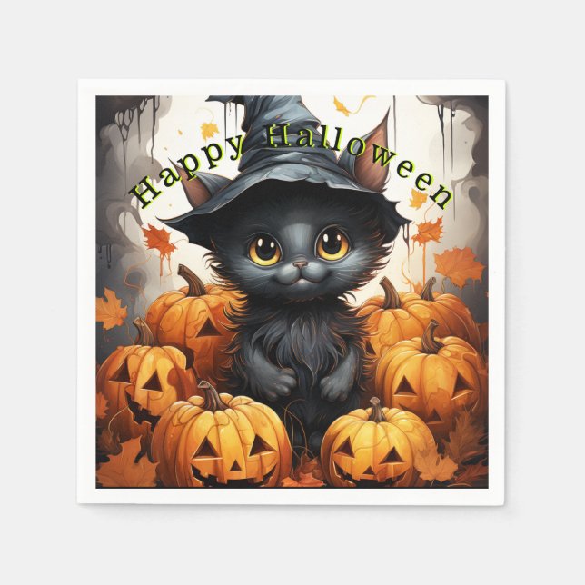 Guardanapo De Papel Feliz Halloween Gatos Pretos Abóboras (Frente)