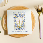 Guardanapo De Papel Feliz Hanukkah Festivo Watercolor Menorah FOLIAGE<br><div class="desc">Adicione um toque pessoal à sua Mesa de Chanucá com estes elegantes guardanapos de papel floral com a aquarela Menorah adornada com folhagem de trigo elegante numa sofisticada paleta de ouro,  azul claro e azul marinho com duas linhas de texto personalizado.</div>