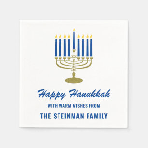 Guardanapo De Papel Feliz Hanukkah Menorah White Blue Nome da Família 