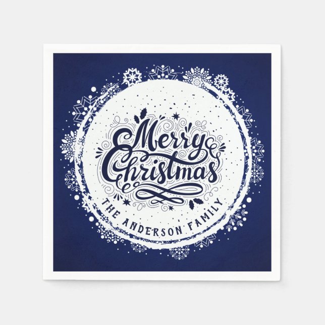 Guardanapo De Papel Feliz Mínima Elegante Azul e Branco marinho Natal (Frente)
