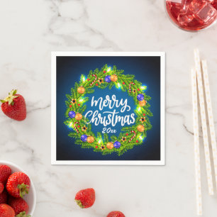 Guardanapo De Papel Feliz Natal 20XX Terra Verde sobre Azul