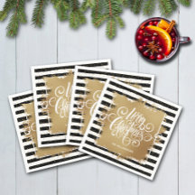 Feliz Natal Black White Strips Dourado Faux Foil