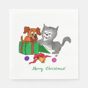 Guardanapo De Papel Feliz Natal com Gato e Cão
