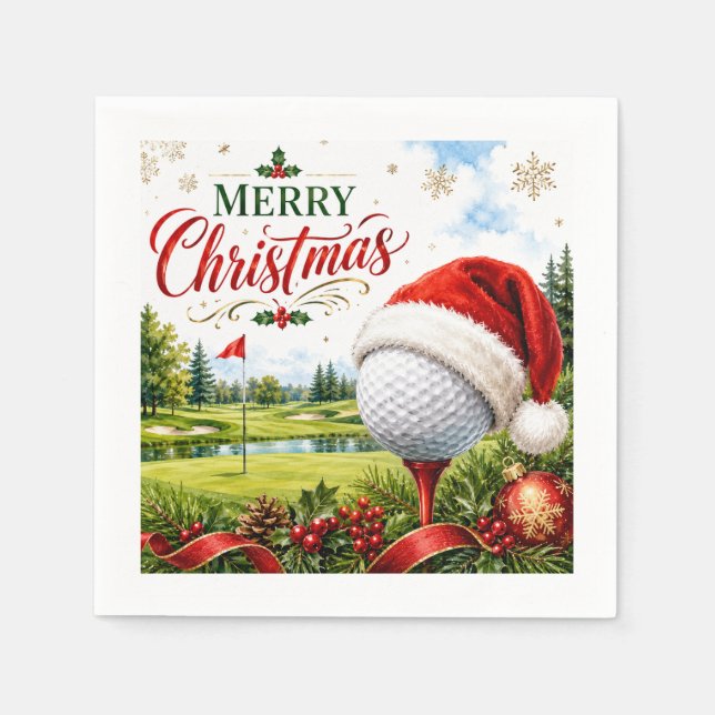 Guardanapo De Papel Feliz Natal de Golfe com Bola de Golfe com Chapéu  (Frente)