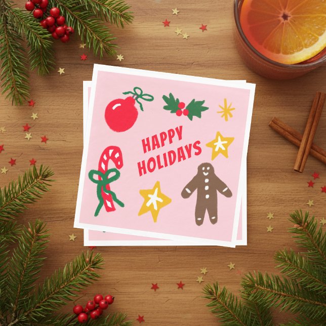 Guardanapo De Papel FELIZ NATAL Desenho MANUAL PERSONALIZADO  (HAPPY HOLIDAYS Cute Hand-Drawn icons Christmas Party CUSTOM Napkins
)