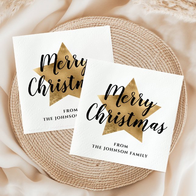 Guardanapo De Papel Feliz Natal Dourado das Estrelas Brancas Elegantes (Elegant White Faux Gold Star Merry Christmas Napkins)