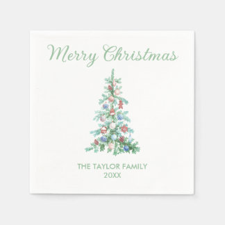 Guardanapo De Papel Feliz Natal Elegante Aquarela Árvore Verde