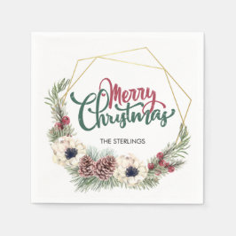 Guardanapo De Papel Feliz Natal Floral Pine Cone Holly Frame Dourado