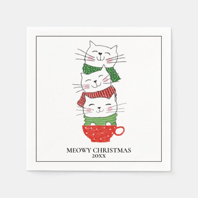Guardanapo De Papel Feliz Natal Gatinhos Personalizados Copos Cachecói (Frente)