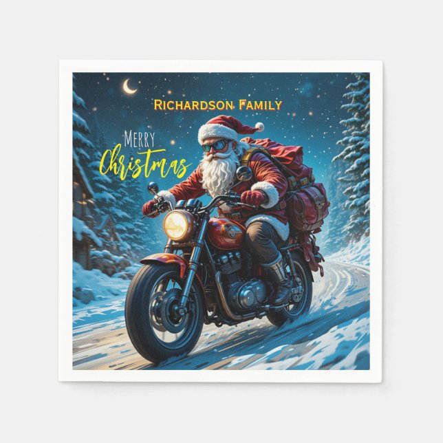 Guardanapo De Papel Feliz Natal Papai Noel de Moto  (Frente)