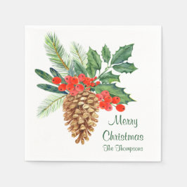 Guardanapo De Papel Feliz Natal Pine Holly Watercolor Nome Floral