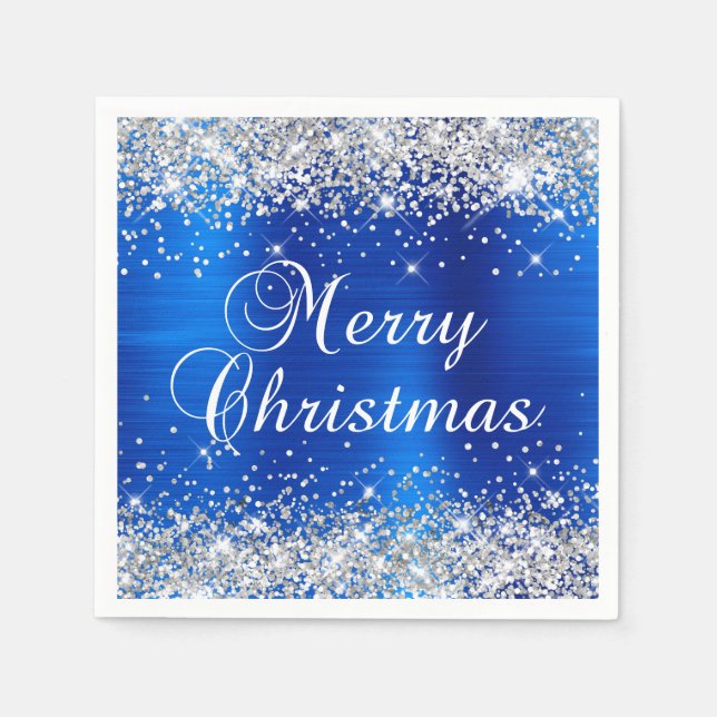 Guardanapo De Papel Feliz Natal Prateado Brilhante e Azul Real (Frente)