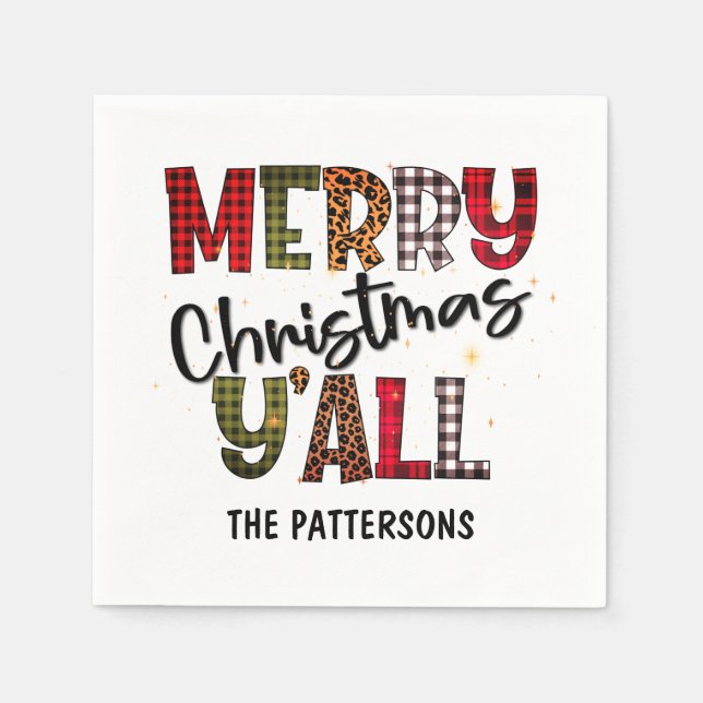 Guardanapo De Papel Feliz Natal Y'all Tartan Leopard Nome impresso (Frente)