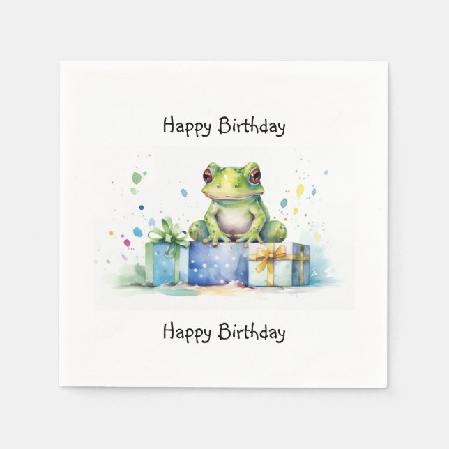 Guardanapo De Papel Feliz sapo Verde de Aniversário com presentes empa (Frente)