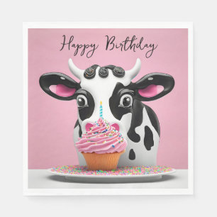 Guardanapo De Papel Feliz Vaca De Aniversário Com Cupcake A Rosa