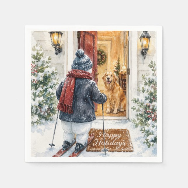 Guardanapo De Papel Felizes Férias Boneco de Neve de Esqui (Frente)