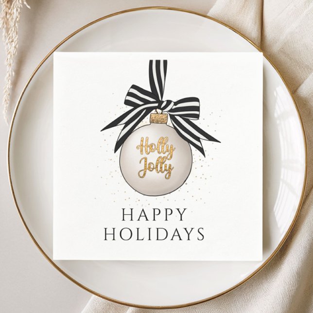 Guardanapo De Papel Felizes Festas Enfeite de Natal Branco Preto (Happy Holidays Christmas Bauble White Black Napkins)