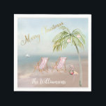 Guardanapo De Papel Felry Christmas Beach Flamingo Wreath Única<br><div class="desc">Feliz Natal nesta adorável praia Watercolor — uma cena pacífica e gentil com duas cadeiras de praia — um flamingo amigável com uma bela coroa — Palmeira com alguns ornamentos. Qualquer pergunta sobre design,  envie um e-mail para charmdesignstudio@rcn.com e ficaremos felizes em ajudar.</div>