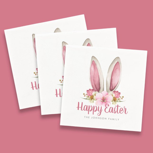 Guardanapo De Papel Felz pascoa de Orelhas Florais Rosa Bonitas (Cute Pink Floral Bunny Ears Happy Easter Napkins)