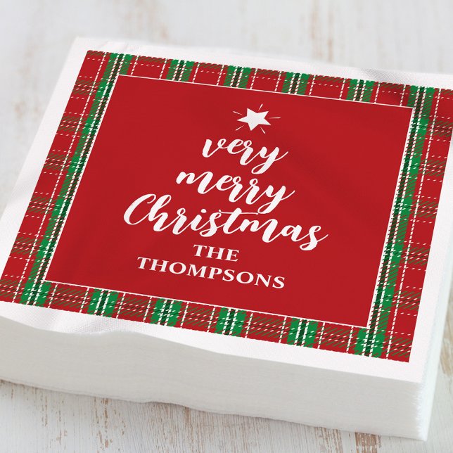 Guardanapo De Papel Feriado de Natal Feriado Vermelho Xadrez Feriado V (Cute red and green plaid Christmas napkins with festive holiday table design.)