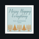 Guardanapo De Papel Feriado Dourado da Festa Interreligiosa Azul feliz<br><div class="desc">Crie seu próprio ouro falso personalizado e guardanapos de papel de falso feriado azuis pastel com este Feliz de letra de script manuscrito branco Happy All design. Colocada sobre um fundo de azul claro com uma borda fina de azul escuro, uma fileira de Hanukkah Menorahs festivos e árvores de Natal...</div>