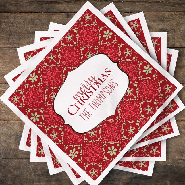 Guardanapo De Papel Feriado Rustic Red Snowflake Natal Personalizado N (Classic red snowflake Merry Christmas holiday party design.)