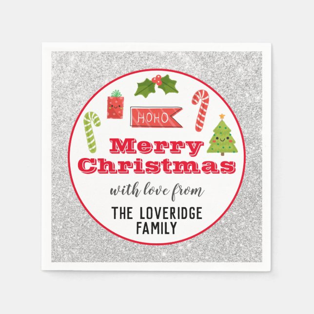 Guardanapo De Papel Férias Festivas Feliz Natal Red Silver Glitter (Frente)