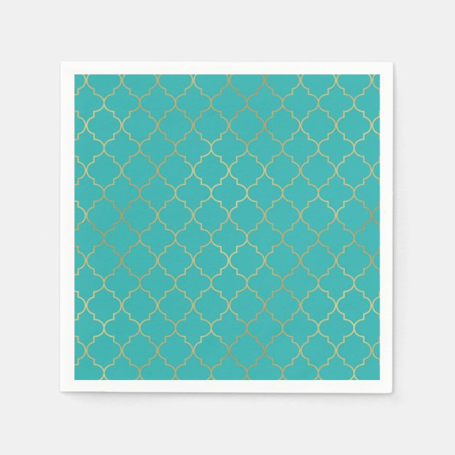 Guardanapo De Papel Festa com Padrão Quatrefoil em Turquesa e Dourado (Frente)