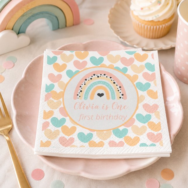 Guardanapo De Papel Festa de 1º Aniversário Arco-íris & Corações (Rainbow & Hearts 1st Birthday Party Napkins)