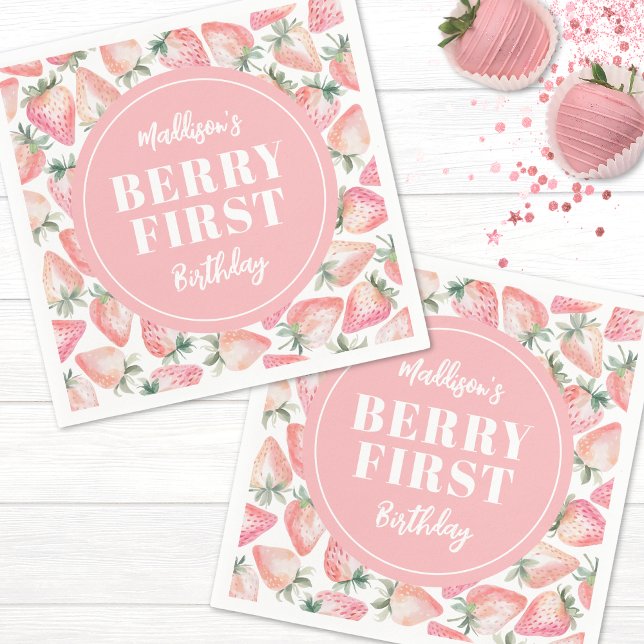 Guardanapo De Papel Festa de 1º Aniversário Morango Berry (Strawberry Berry First 1st Birthday Party Napkins)