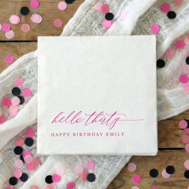 Guardanapo De Papel Festa de 30 Anos Olá 30 Moderno Rosa (Pink hello 30 elegant script 30th birthday party napkins)