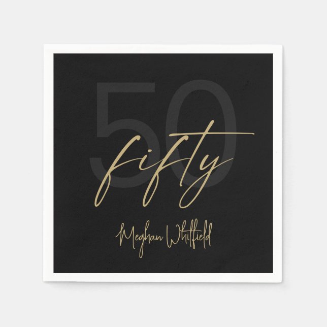 Guardanapo De Papel Festa de 50 Anos Modern Fifty Gold Script Preta (Frente)