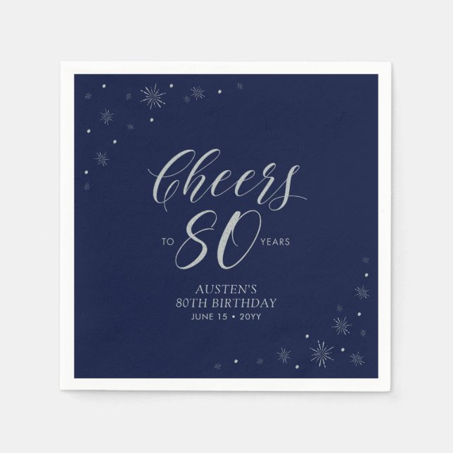 Guardanapo De Papel Festa de 80 anos Silver & Navy Blue Cheers (Frente)