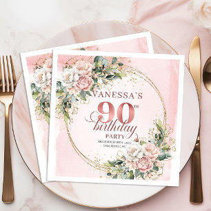 Guardanapo De Papel Festa de 90 Anos Rosa Dourado Floral Brilhante
