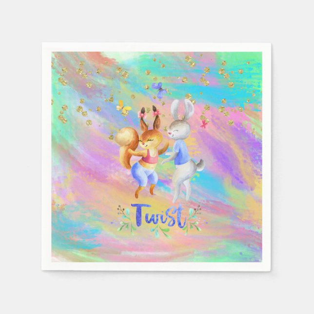 Guardanapo De Papel Festa de Animais da Floresta Azul Púrpura, Rosa-Ro (Frente)