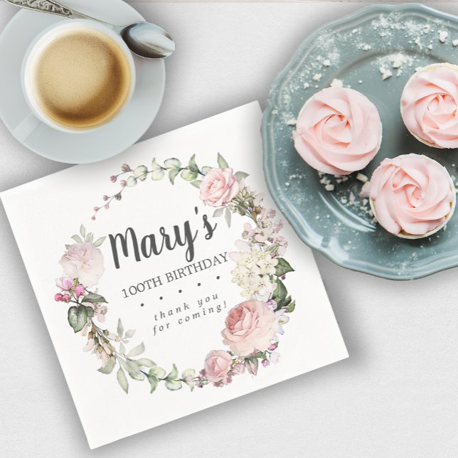 Guardanapo De Papel Festa de aniversário 100ª Floral Rosa Rústica (Criador carregado)