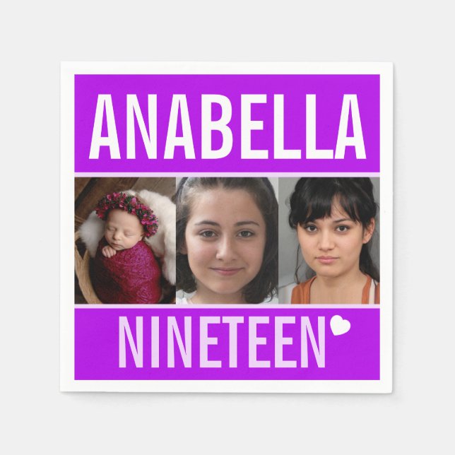 Guardanapo De Papel festa de aniversário 19º roxo personalizado de fot (Frente)