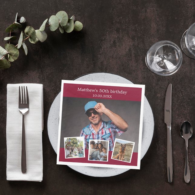 Guardanapo De Papel Festa de aniversário burgundy da colagem de fotos (Criador carregado)