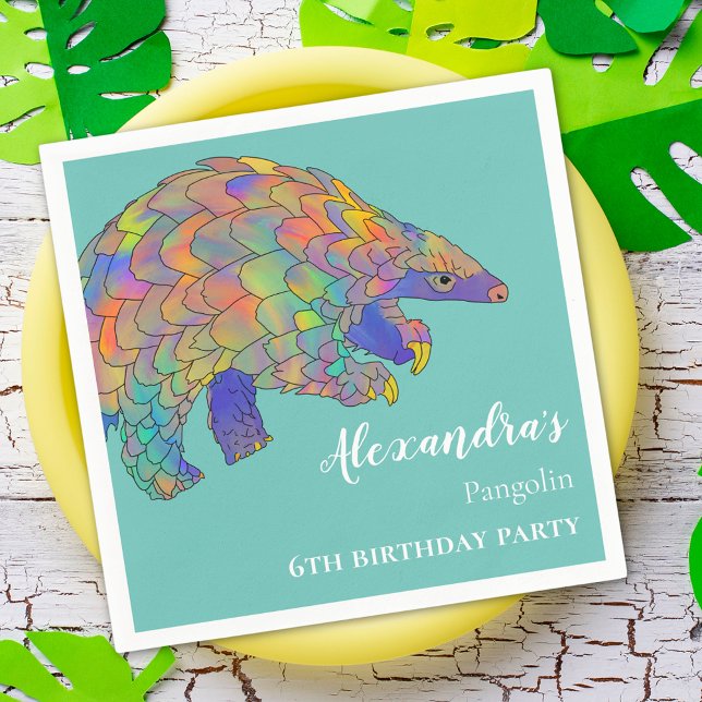 Guardanapo De Papel Festa de aniversário Colorida de Pangolina (Cute pangolin colorful personalized 6th birthday party paper napkins)