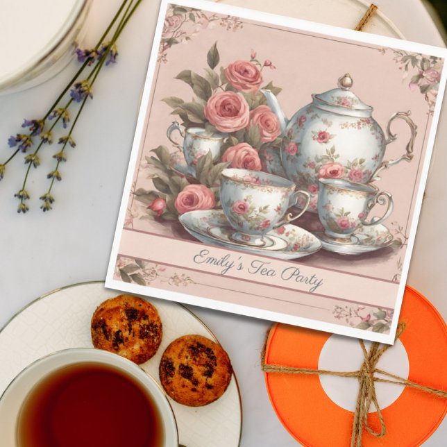 Guardanapo De Papel Festa de Aniversário com Chá no Jardim Florido Ros (Vintage Pink Floral Garden Birthday Tea Party Napkins)