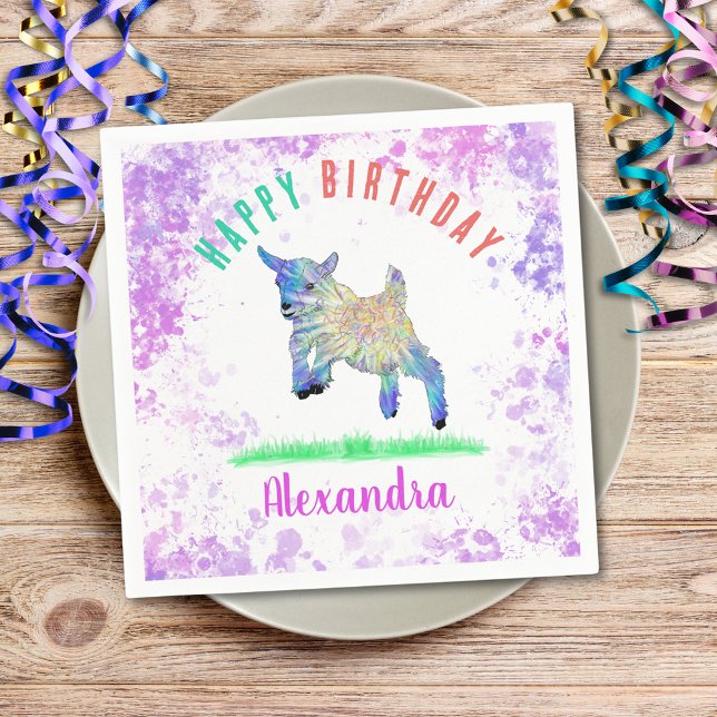 Guardanapo De Papel Festa de Aniversário com Tema de Cabra Animais da  (Cute goat themed birthday party custom napkin colorful farm animal watercolor art)
