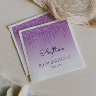 Guardanapo De Papel Festa de Aniversário de 80 Anos com Brilho Roxo Di