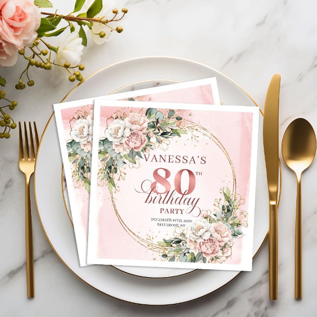 Guardanapo De Papel Festa de Aniversário de 80 anos com Flores Rosa Cl (Blush Pink Floral Greenery 80th Birthday Party Napkins)