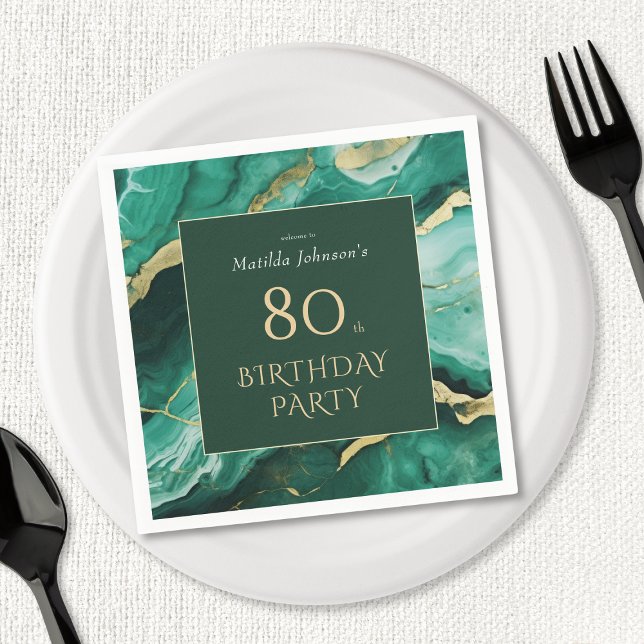 Guardanapo De Papel Festa de aniversário de 80 de Agate Dourada Emeral (Emerald Green Gold Agate 80th Birthday Party Napkins)