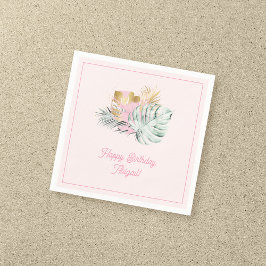 Guardanapo De Papel Festa de aniversário de Folhas Tropicais Rosa e Do